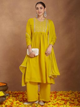 Janasya - Women Yellow Georgette Kurta and Pyjama with Dupatta