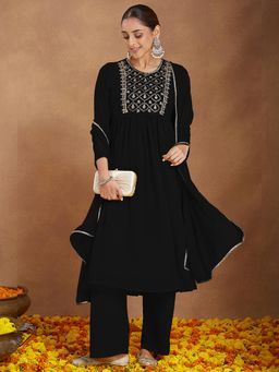 Janasya - Women Black Georgette Kurta and Pyjama with Dupatta