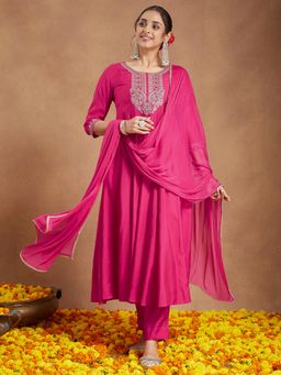 Janasya - Women Pink Chanderi Anarkali Kurta and Pyjama with Dupatta