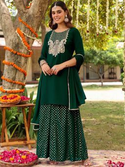 Janasya - Women Green Georgette Kurta and Palazzo with Dupatta