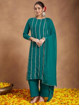 Janasya - Women Green Georgette Kurta and Pyjama with Dupatta