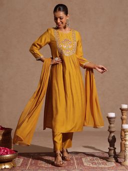 Janasya - Women Mustard Silk Blend Kurta and Pyjama with Dupatta