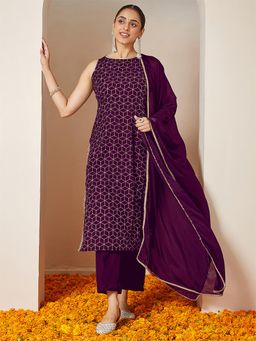 Janasya - Women Purple Chanderi Kurta and Pyjama with Dupatta