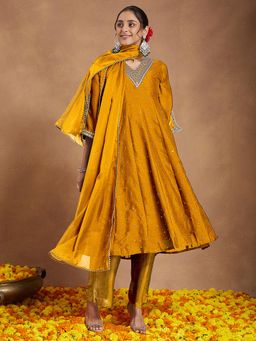 Janasya - Women Mustard Silk Blend Kurta and Pyjama with Dupatta