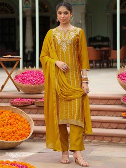 Janasya - Women Mustard Silk Blend Kurta and Pyjama with Dupatta