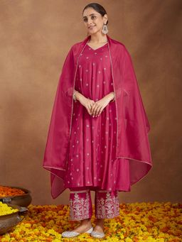 Janasya - Women Pink Chanderi Kurta and Pyjama with Dupatta