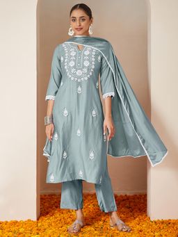 Janasya - Women Blue Silk Blend Kurta and Pyjama with Dupatta
