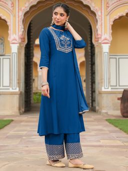Janasya - Women Blue Chanderi Kurta and Palazzo with Dupatta
