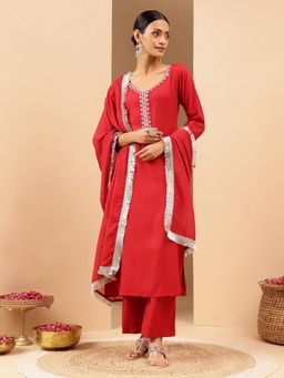 Janasya - Women Red Rayon Kurta and Pyjama with Dupatta