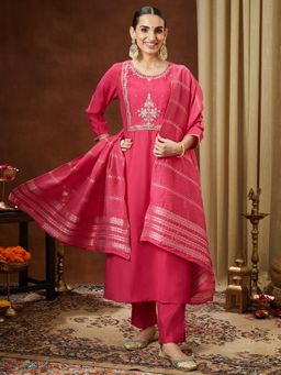 Janasya - Women Pink Chanderi Kurta and Pyjama with Dupatta