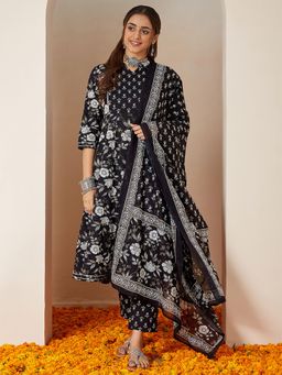 Janasya - Women Black Cotton Kurta and Pyjama with Dupatta