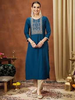 Janasya - Women Teal Chanderi Kurta