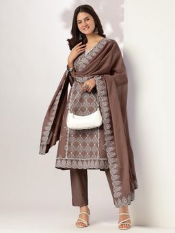 Janasya - Women Brown Cotton Kurta and Pyjama with Dupatta
