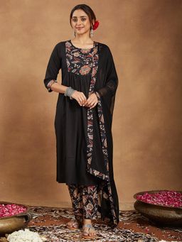 Janasya - Women Black Cotton Kurta and Pyjama with Dupatta