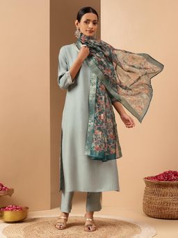 Janasya - Women Blue Silk Blend Kurta and Pyjama with Dupatta