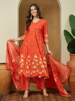 Janasya - Women Orange Cotton Blend Kurta and Pyjama with Dupatta
