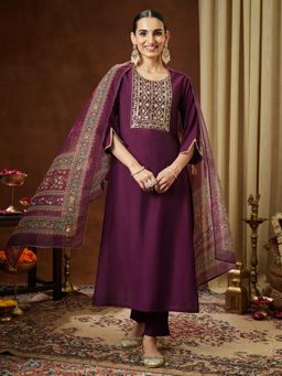 Janasya - Women Wine Chanderi Kurta and Pyjama with Dupatta