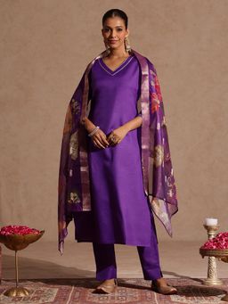 Janasya - Women Purple Cotton Blend Kurta and Pyjama with Dupatta