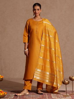 Janasya - Women Mustard Cotton Blend Kurta and Pyjama with Dupatta