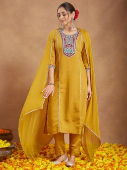 Janasya - Women Mustard Silk Blend Kurta and Pyjama with Dupatta