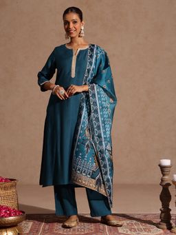 Janasya - Women Teal Silk Blend Kurta and Pyjama with Dupatta