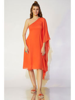 Wendell Rodricks - Orange One-shoulder Flared Dress