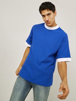 Styli - Blue Wide Ribbed Ringer Waffle Knit Oversized T-Shirt