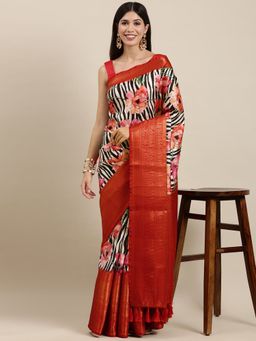 Vastranand - Red & Black Ethnic Motifs Print Saree with Unstitched Blouse