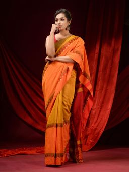 CHARUKRITI - Yellow and Orange Pure Cotton Handwoven Temple Borders Saree with Unstitched Blouse