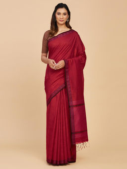 Fabindia - Red Cotton Silk Hand Woven Saree Without Blouse