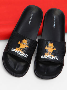 Bewakoof - Official Garfield Merchandise Black Printed Sliders