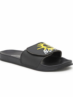 Bewakoof - Black Bomb Squad Printed Velcro Sliders