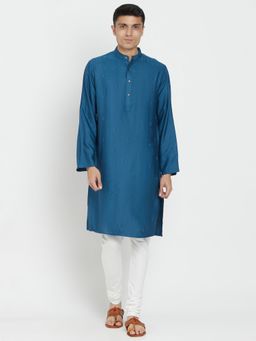 Fabindia - Viscose Rayon Blue Self Design Men Kurta