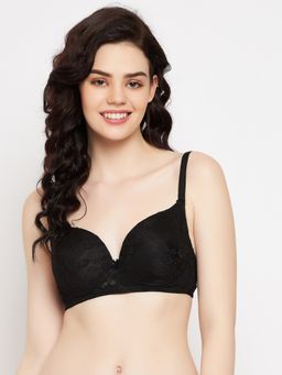 Clovia - Lace Lightly Padded Full Cup Wire Free Everyday Bra - Black