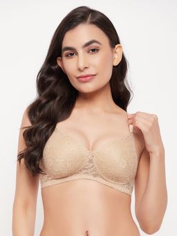 Clovia - Lace Lightly Padded Full Cup Wire Free Everyday Bra - Beige