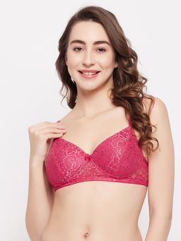 Clovia - Lace Lightly Padded Full Cup Wire Free Everyday Bra - Pink
