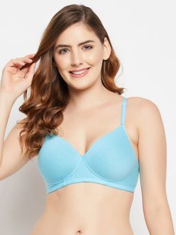 Clovia - Cotton Solid Lightly Padded Full Cup Wire Free T-Shirt Bra - Blue