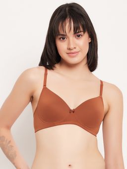 Clovia - Cotton Solid Lightly Padded Full Cup Wire Free T-Shirt Bra - Brown