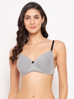 Clovia - Cotton Solid Lightly Padded Full Cup Wire Free T-Shirt Bra - Grey