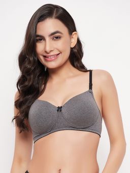 Clovia - Cotton Solid Lightly Padded Full Cup Wire Free T-Shirt Bra - Grey