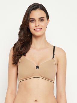 Clovia - Cotton Solid Lightly Padded Full Cup Wire Free T-Shirt Bra - Beige