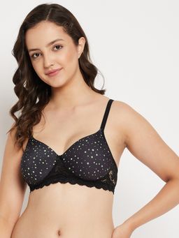 Clovia - Polyamide Printed Lightly Padded Full Cup Wire Free T-Shirt Bra - Black
