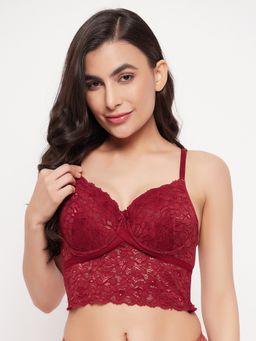 Clovia - Lace Lightly Padded Full Cup Underwired Bralette Bra - Maroon