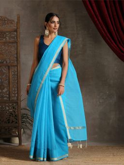 Triyah - Sapphire Blue Kota Doria Saree with Border and Tassels