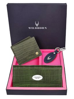WILDHORN - Premium Leather Ladies Wallet, Mens Wallet and Keychain Gift -1K_GNCR_2052BRCR_K (Set of 3)