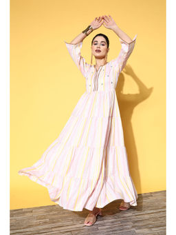 Yufta - Women Multi Striped Print Gotta Work Cotton Lurex Tier Dress