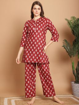 Indreams - Ethnic Motifs Printed Mandarin Collar Night suit (Set of 2)