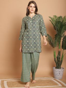 Indreams - Ethnic Motifs Printed Mandarin Collar Night suit (Set of 2)