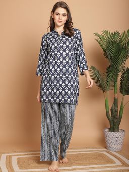 Indreams - Ethnic Motifs Printed Mandarin Collar Night suit (Set of 2)