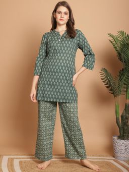Indreams - Printed Pure Cotton Mandarin Collar Night suit (Set of 2)